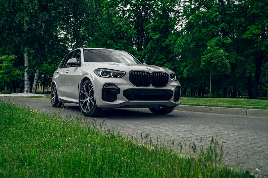White BMW X5 SUV parked on a scenic road surrounded by lush greenery, showcasing elegance and style.