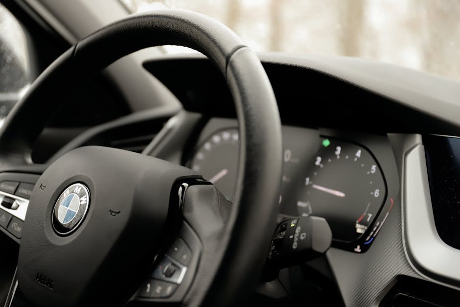 Interior view of a BMW car showing the steering wheel and dashboard in focus.