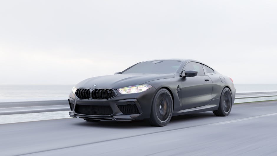 A stylish BMW sports car cruising along a coastal highway under a bright sky.